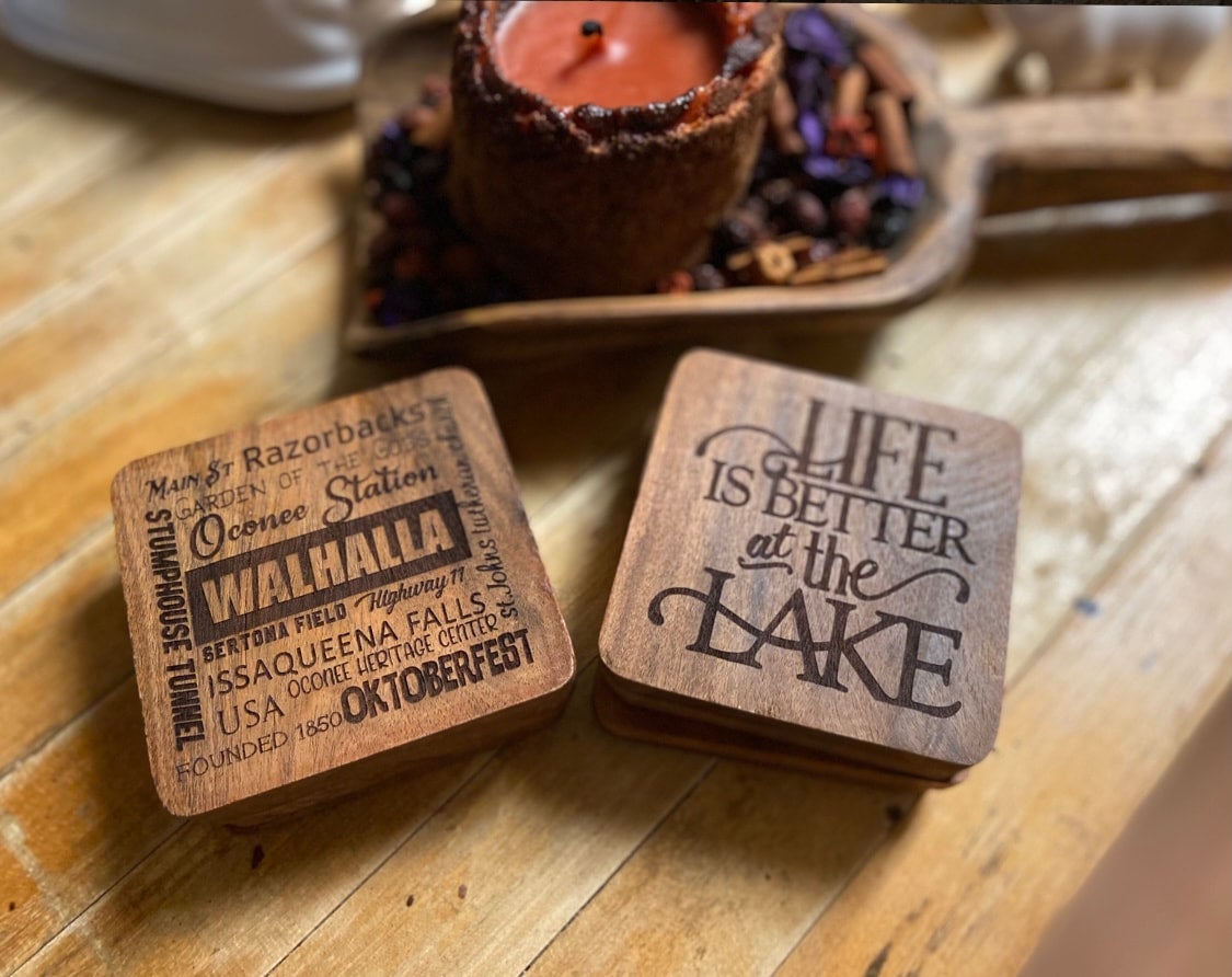 Handmade Reclaimed Wood Coaster Set – Engraved Elegance